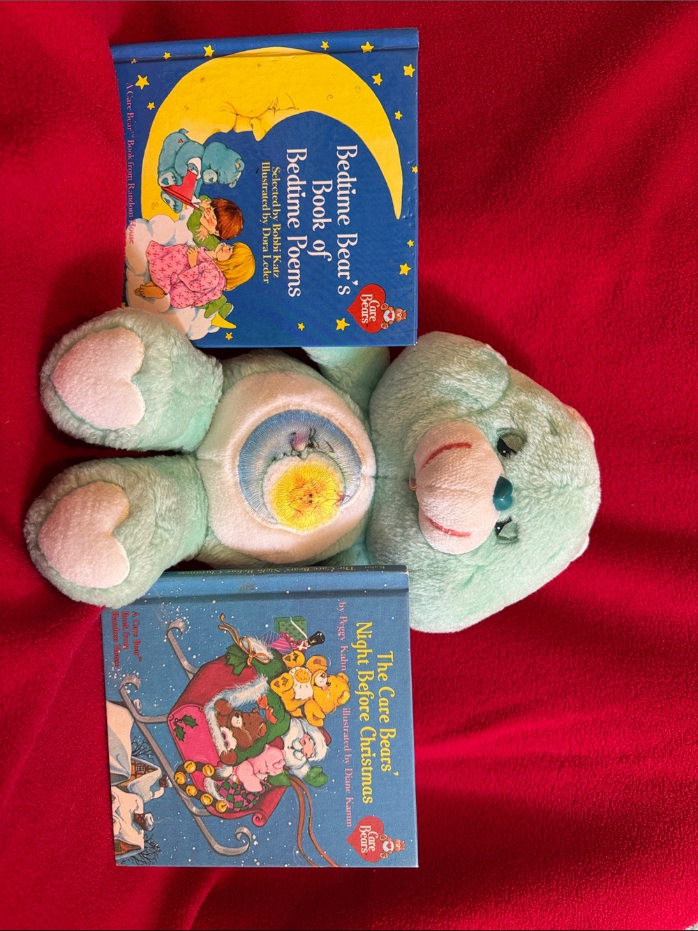 Vintage Care Bear Bedtime Plush 13" Green Moon Sun Kenner 1983 + 2 Books